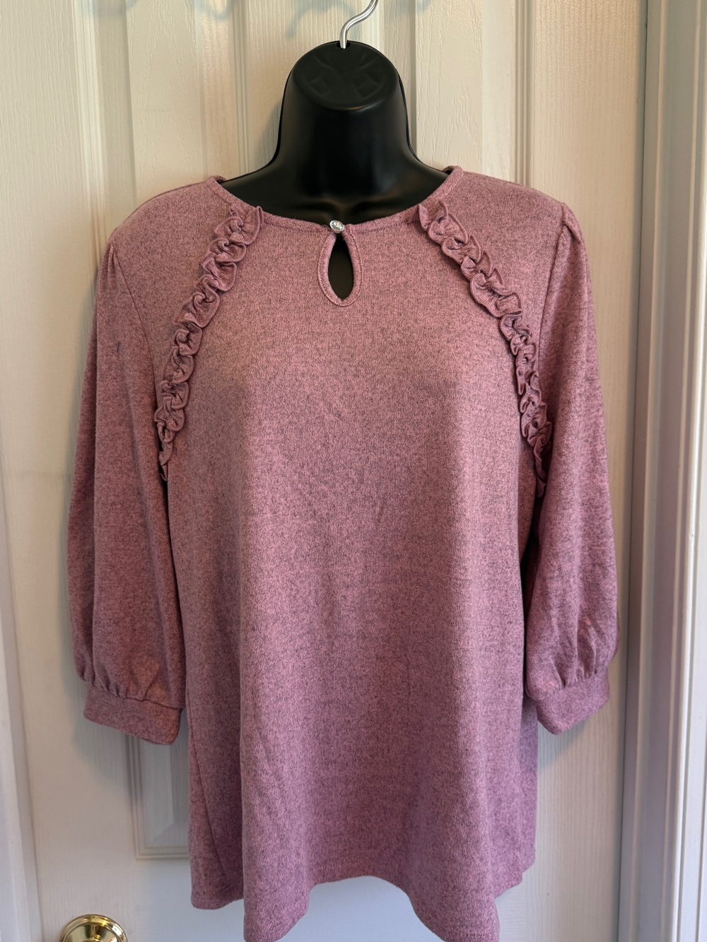 Tint & Shade Women's Pink Ruffle-Trim Knit Top With Jewel Keyhole Neckline